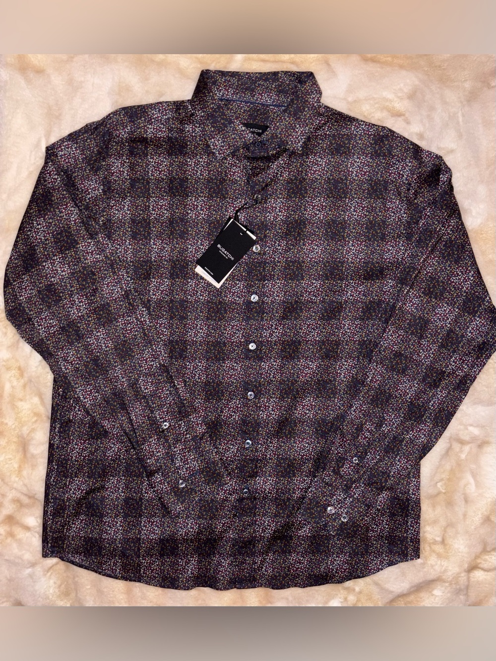 Bugatchi Men’s Button-Up Shirt in Black with Multicolor Microprint XL NWT